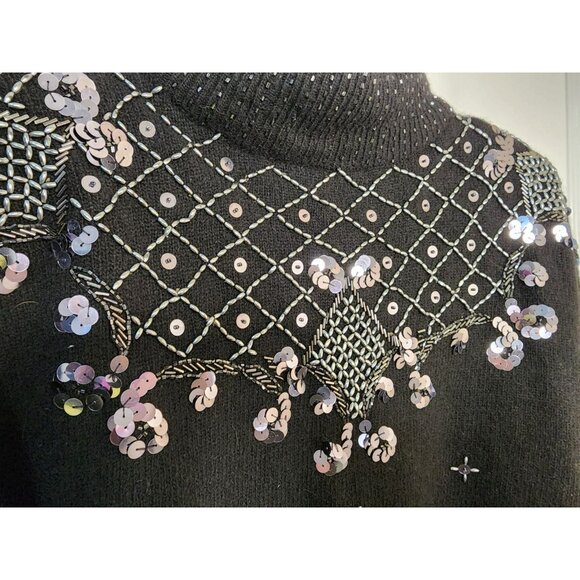 Size Medium Christina Lambswool Angora Black Beaded Turtleneck Sweater - Picture 5 of 5